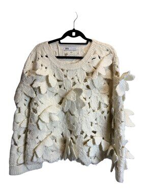 Zara Medium Cream 3D Floral Open Knit Long Sleeve Sweater